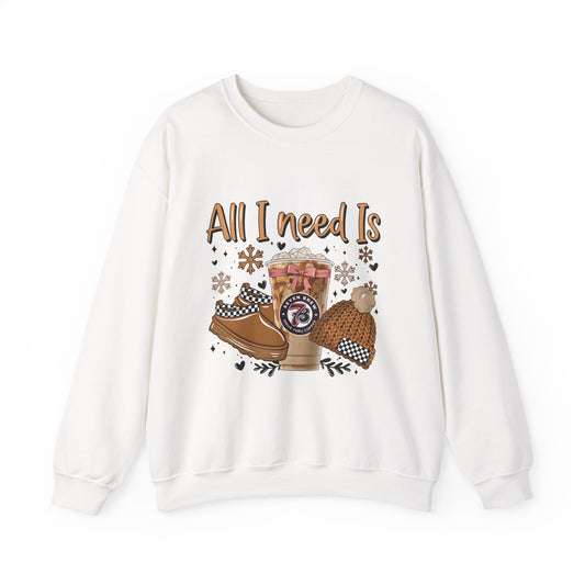 Cozy Coffee & Cocoa Sweatshirt — "All I Need Is" Winter Coffee Crewneck